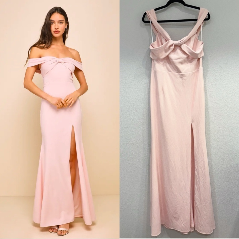 NWOT Lulus Elegant Perception‎ Light Pink Off-the-Shoulder Bow Maxi Dress
